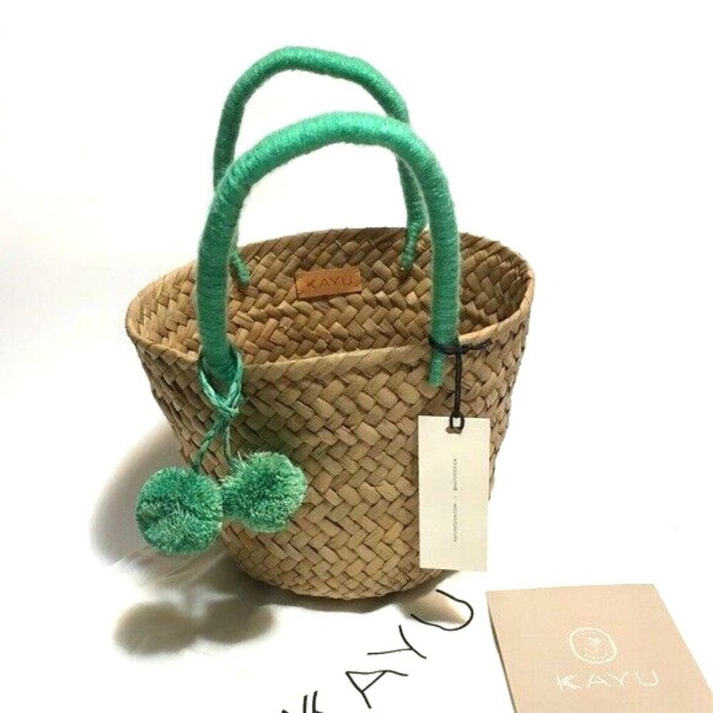 KAYU Mini St Tropez Straw Tote Bag Pom Pom Natural Sea foam Green Travel